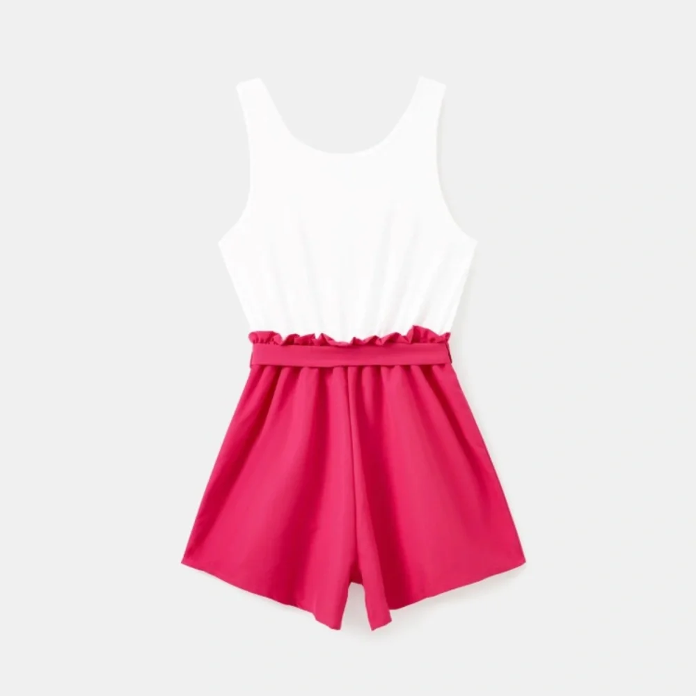 Women Barbie Letter Print Belted Combo Tank Hot Pink Rompers - Picture 8 of 9